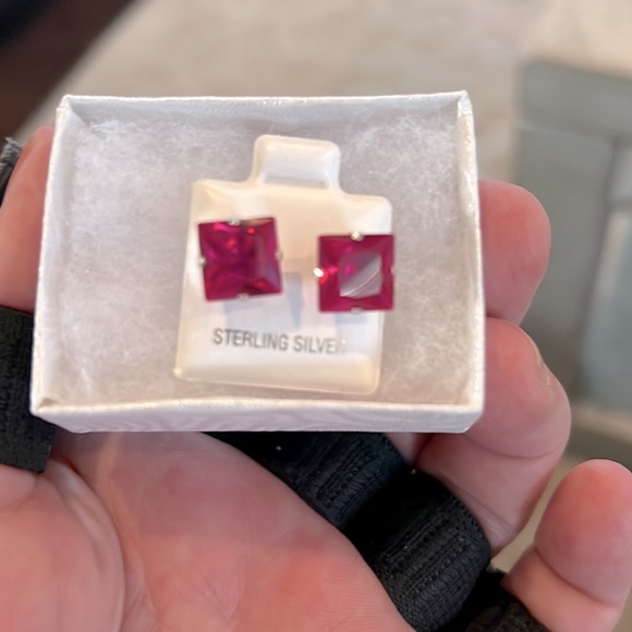 Lab Created Ruby Square Stud Earrings ; 9 mm. Set in Sterling/gold overlay. - Picture 4 of 5